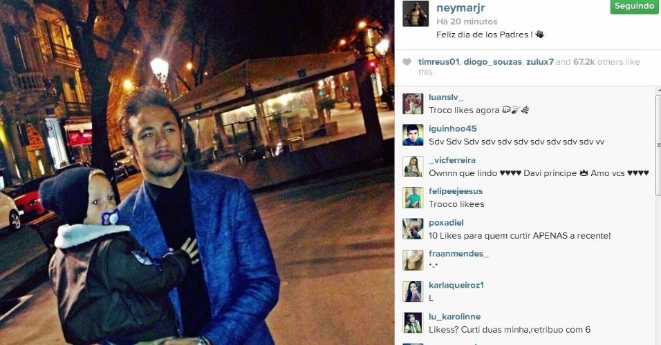 19.mar.2014- Neymar celebra Dia dos Pais com o filho Davi Lucca, de dois anos, na Espanha: "Feliz Dia de los Padres", escreveu o craque na legenda da foto no Instagram
