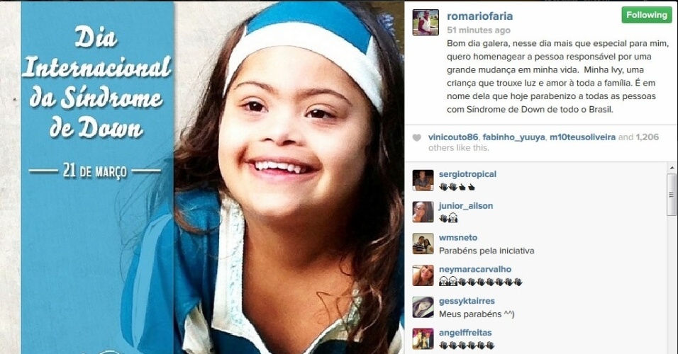 21.mar.2014 - Romário homenageia a filha no Dia Internacional da Síndrome de Down