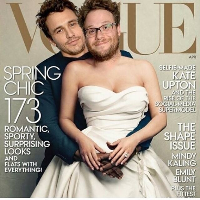 21.mar.2014 - James Franco e Seth Rogen ironizam capa da "Vogue" com o casal Kanye West e Kim Kardashian