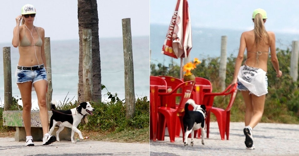 22.mar.2014 -  Ellen Jabour leva o seu cachorro Pluft para passear na orla da praia da Barra da Tijuca e aproveita para tomar um bronze