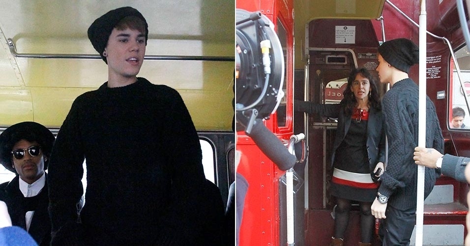 13.nov.2011 - Em Londres, Justin Bieber pega ônibus de dois andares para ir até um estúdio de TV