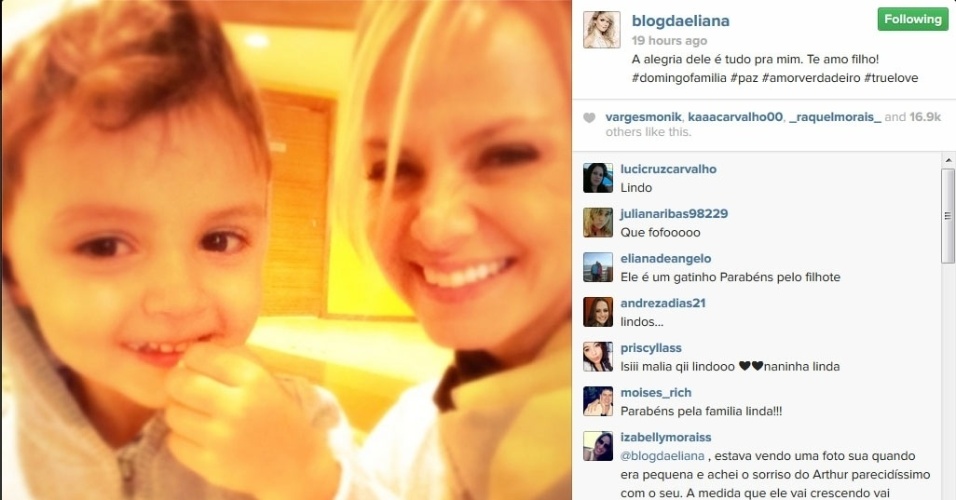 23.mar.2014 - No domingo, Eliana mostrou nos Instagram uma foto ao lado do filho e se declarou para o menino