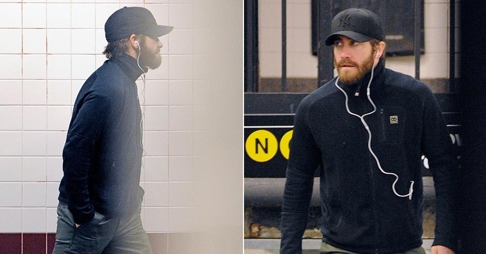 6.abr.2012 - De boné e fones de ouvido, o ator Jake Gyllenhaal anda de metrô na cidade de Nova York
