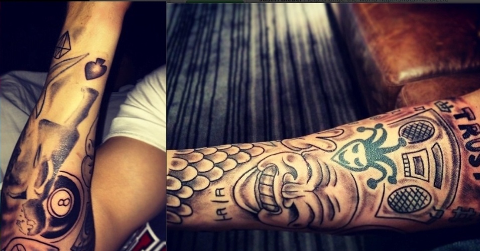 25.mar.2014- Bieber publicou três fotos que exibiam os novos desenhos que ele fez no braço. O tatuador agradeceu o astro no Instagram. 