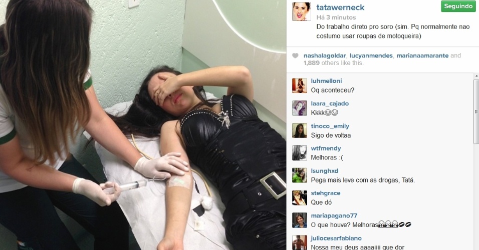 27.mar.2014- Tatá Werneck publica foto tomando soro no Instagram. A atriz passou mal durante a apresentação de um evento no sul do país