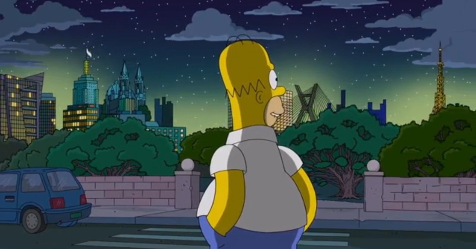 31.mar.2014 - Homer observa ícones paulistanos - a torre do Banespa, a Catedral da Sé e a Ponte Estaiada - em episódio de "Os Simpsons" que falou sobre a Copa do Mundo