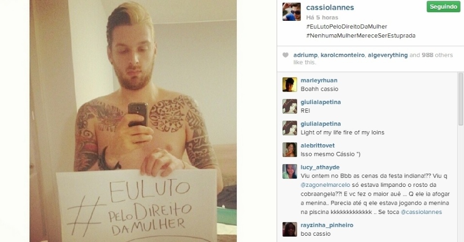 1º.abril.2014 - Cássio entrou na campanha em favor da mulher ao postar uma foto no Instagram. Sem camisa, o gaúcho segurou um cartaz com a mensagem: 