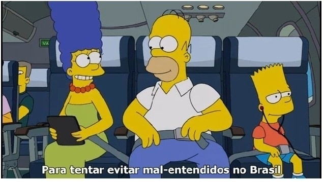 No avião, Marge usa um tablet para aprender a falar português para "evitar mal-entendidos no Brasil"