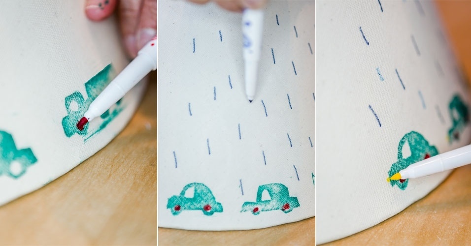 Com a caneta hidrográfica, faça os detalhes dos carrinhos e a chuva sobre a cúpula de abajur - Leandro Moraes/UOL