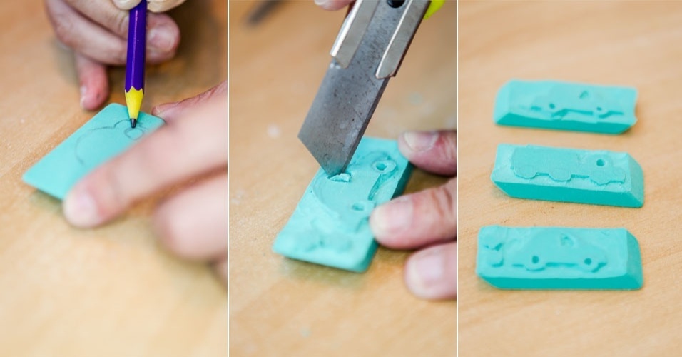 O primeiro passo para personalizar a cúpula de abajur é fazer os carimbos. Com o lápis, desenhe na borracha o motivo escolhido, de preferência um que não tenha muitos detalhes para não borrar na hora de carimbar. Com o estilete, escave o traçado. Para essa opção de personalização, foram feitos desenhos de três veículos diferentes - Leandro Moraes/UOL