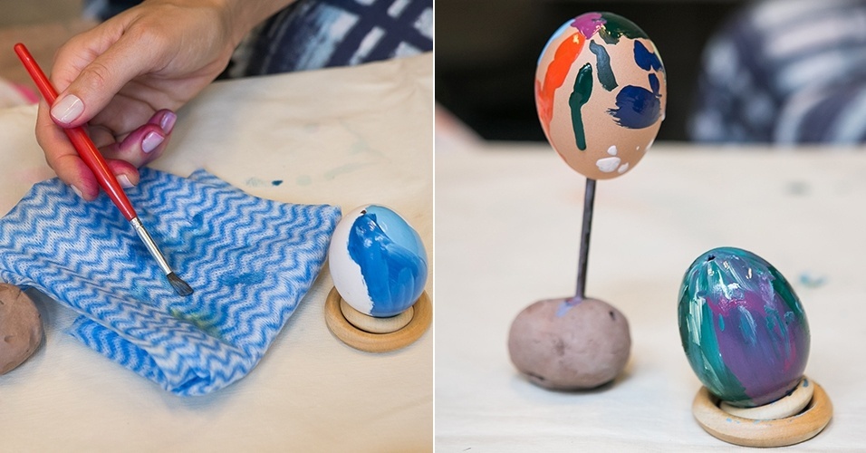 Coloque o ovo em um dos apoios e pinte com o pincel. Use a água para limpar o pincel e o pano para secá-lo - Rodrigo Capote/UOL