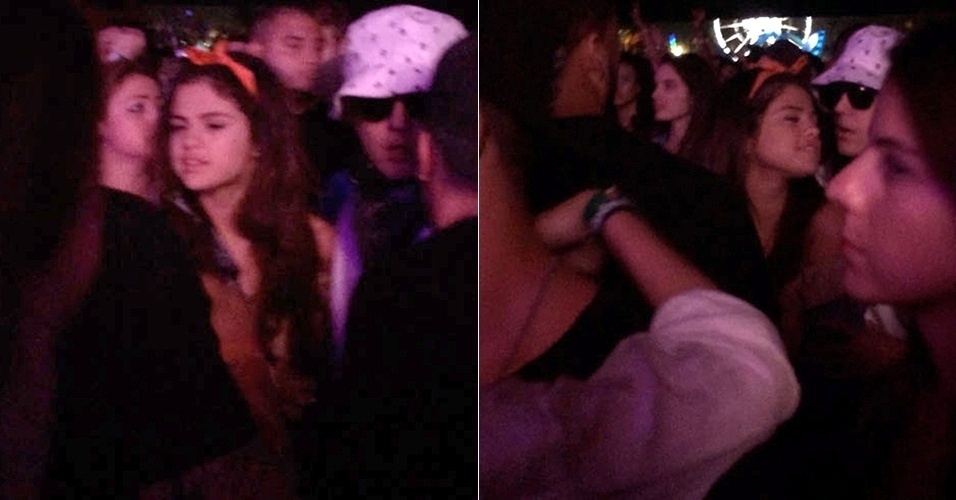 13.abr.2014 - Justin Bieber e Selena Gomez estiveram no festival Coachella, nos Estados Unidos, e assistiram ao show de Jhene Aiko. Bieber tentou se disfarçar com chapéu e óculos.
