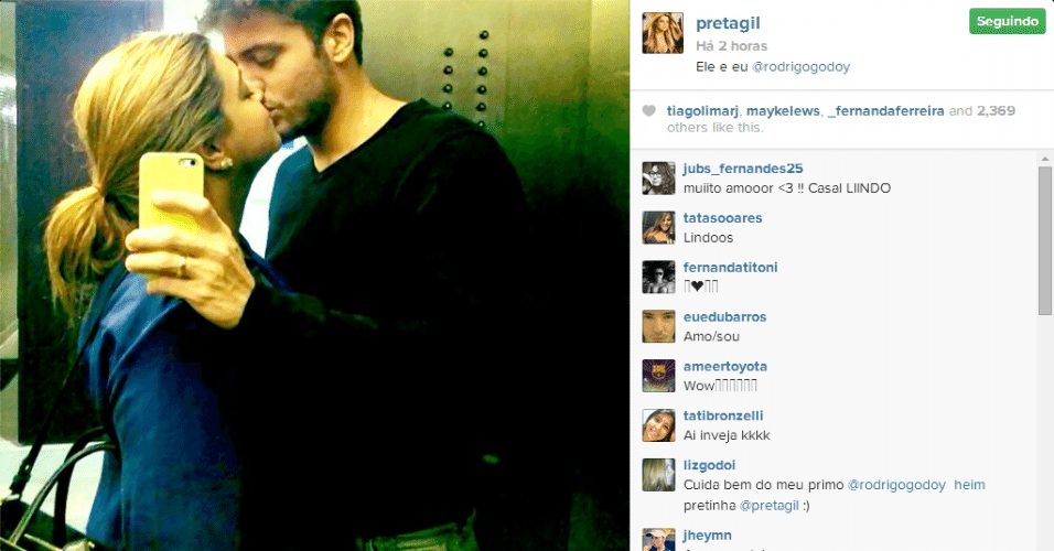 Preta Gil mostra "selfie" beijando o noivo no elevador