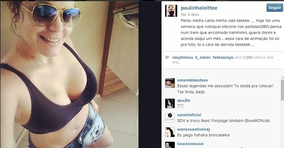 19.abr.2014 - A ex-BBB Paulinha Leite mostrou para seus seguidores no Instagram seus novos seios. Ela colocou próteses de sililcone de 380 mil cada há uma semana