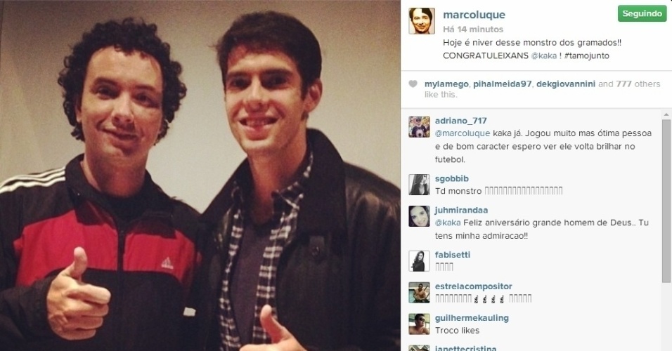 22.abr.2014 - Marco Luque também não deixou a data passar em branco e parabenizou Kaká em sua rede social. 