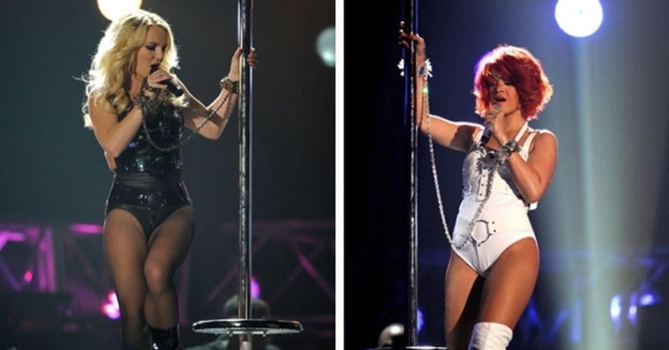 As cantoras Britney Spears e Rihanna em apresentação do prêmio da revista "Billboard"