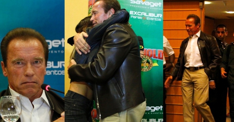 26.abr.2014- Arnold Schwarzenegger ganha um abraço de Renata Molinaro durante coletiva de imprensa em um hotel na Barra da Tijuca, no Rio de Janeiro