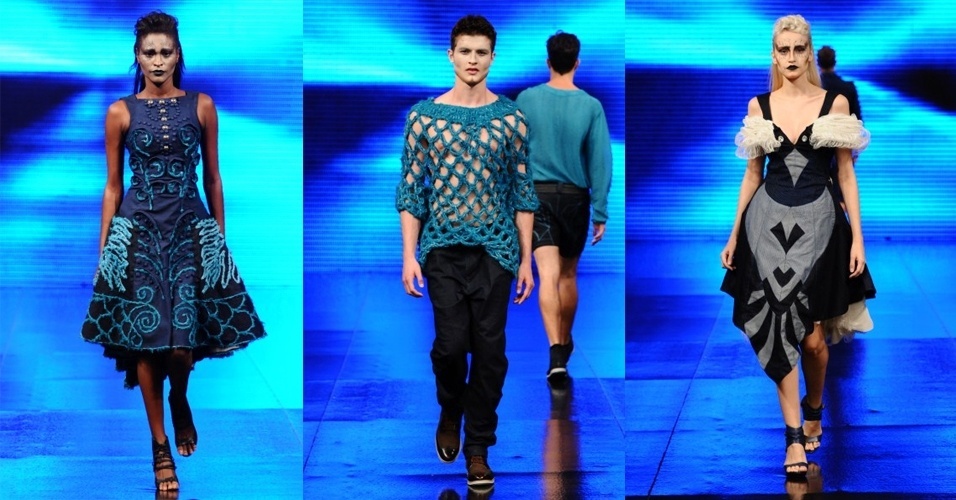 Com uma coleção completa em tons de azul e verde, Ronaldo Silvestre explorou diferentes texturas combinadas a modelagens com recortes geométricos e levemente estruturados. Os volumes das peças fofas eram contrastados com a rigidez de outras - Roberta Braga, Silvia Borielo e Ricardo K./Divulgação