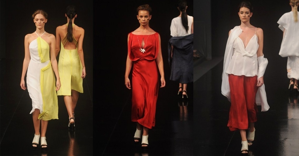 O estilista Jeferson Ribeiro mostrou uma coleção com cartela de cores enxuta, que explorava o branco combinado ao amarelo e vermelho. As formas soltas do corpo tinham comprimento abaixo dos joelhos ou mídi com texturas vindas dos drapeados e franzidos - Roberta Braga, Silvia Borielo e Ricardo K./Divulgação