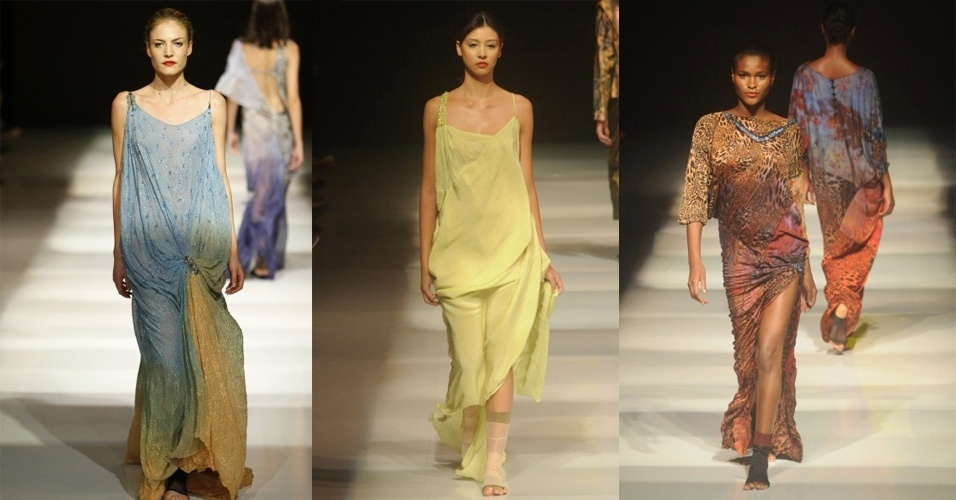 O estilista Lino Villaventura apresentou sua coleção Verão 2015 no Dragão Fashion Brasil. Os looks seguiam a dramaticidade característica do estilista em peças estampadas e bordadas com fluidez e assimetria propositalmente despojada. As modelos desfilavam os vestidos de festa descalças, apenas com uma polaina - Roberta Braga, Silvia Borielo e Ricardo K./Divulgação