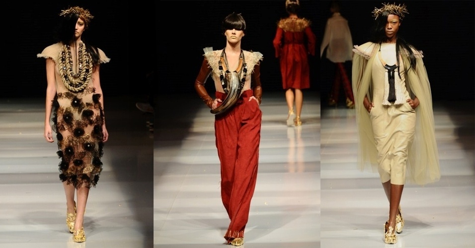 O estilista Mark Greiner em parceria com o designer de acessórios Roberto Dias apresentou uma coleção colaborativa inspirada pela região do Cariri Cearense. A forma do chifre predominou no desfile, que se mostrou eclético em termos de silhuetas e texturas - Roberta Braga, Silvia Borielo e Ricardo K./Divulgação