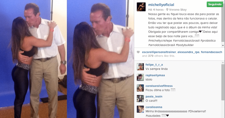 29.abr.2014 - A ex-BBB Michelly postou em seu Instagram uma foto dando um beijo selinho no ator americano Arnold Schwarzenegger