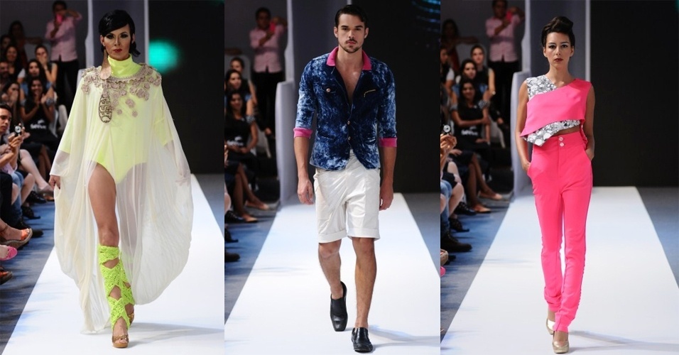 Com mistura de tecidos, texturas, transparências, recortes e um grande leque de modelagens, o estilista Lindebergue Fernandes apresenta sua coleção no Dragão Fashion. A cartela de cores era vasta, priorizando o pink e amarelo neon, em looks conceituais e em formas ora ajustadas, ora amplas - Roberta Braga, Silvia Borielo e Ricardo K./Divulgação