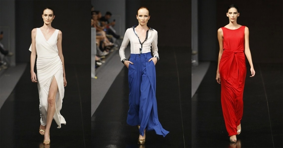 O estilista italiano Nico Didonna, que participa da semana de moda de Londres, apresentou seu desfile em Fortaleza a convite do Dragão Fashion. Sua coleção apresentou diversas versões do vestido envelope, com peças com formas orgânicas em jersey, viscose e crepe. A cartela de cores explorou o branco, vermelho e azul e foi composta com estampas manchadas feitas pelo próprio Didonna - Roberta Braga, Silvia Borielo e Ricardo K./Divulgação