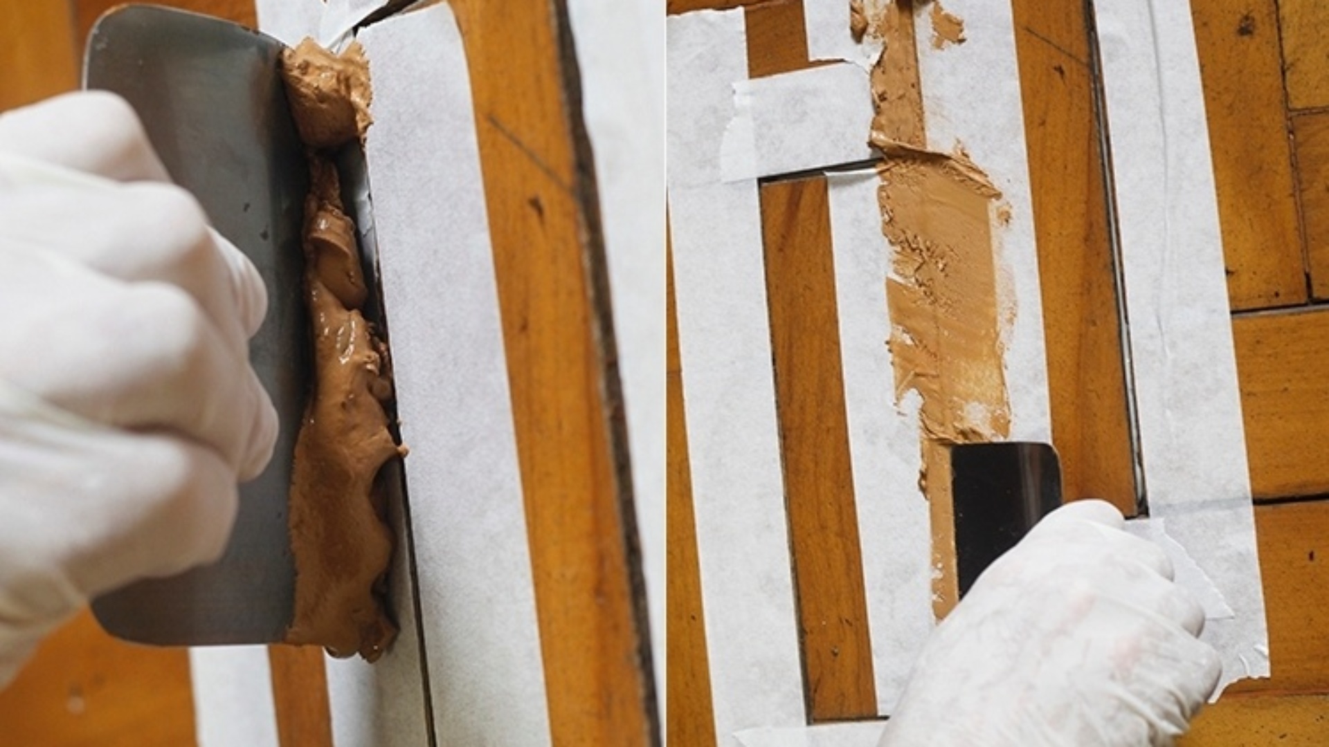 Depois de isolar as bordas dos tacos com fita crepe, aplique nas fendas a massa acrílica com a lâmina ou a espátula. Se ao passar a massa nas fendas, você tenha ?sujado? o taco com a massa, limpe a área com pano úmido. Faça essa limpeza antes que a massa seque - Reinaldo Canato/UOL