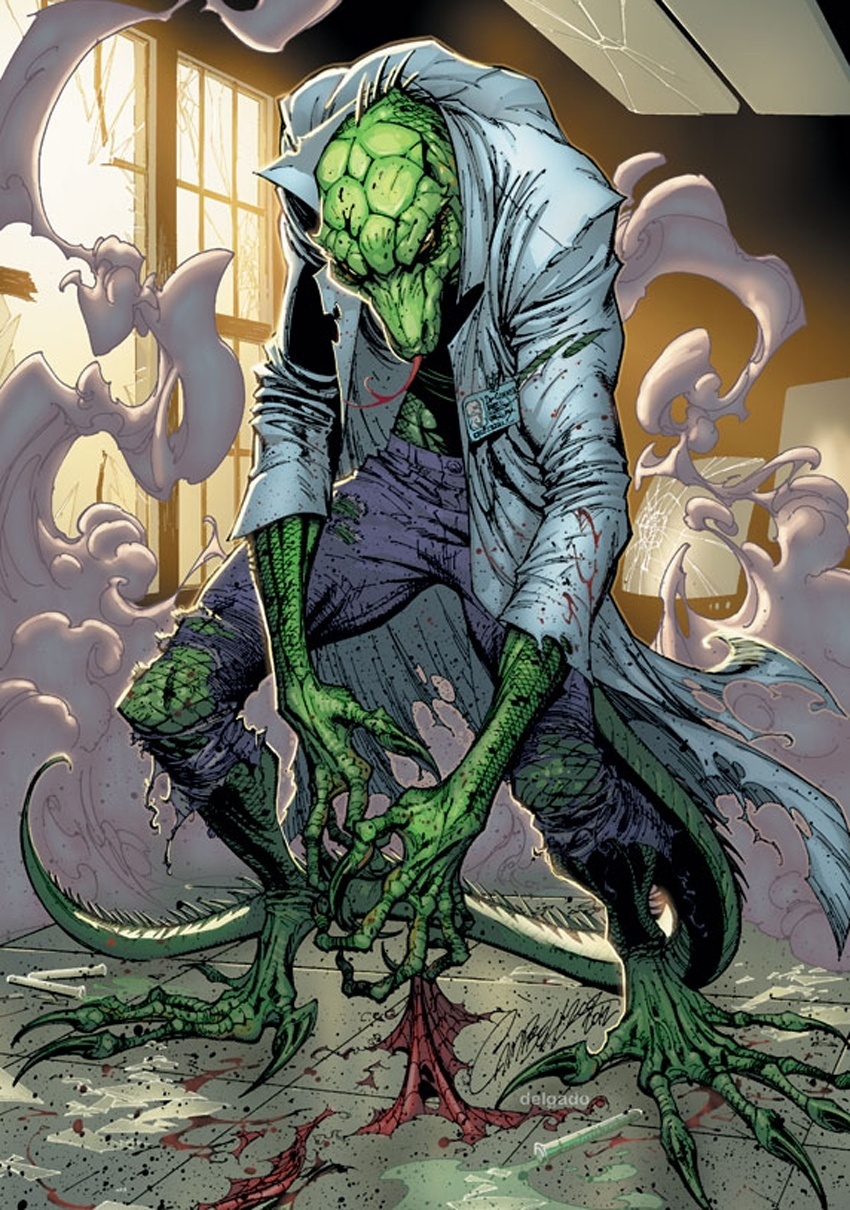 LAGARTO (The Amazing Spider-Man #6, 1963) - Ao tentar recuperar o braço perdido na guerra, o cientista Curt Connors aplica em si mesmo um soro derivado de lagartos, que possuem capacidades regenerativas. Mas a fórmula tem uma reação inesperada, transformado-o num lagarto irracional de 2 metros - Reprodução