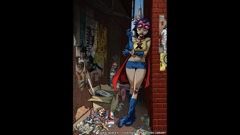 Um dos trabalhos do artista Jamie Hewlett, sobre uma super-heroina, foi escolhido para ser o cartaz da exposição e figurar numa instalação de seis metros de altura colocada na biblioteca - The British Library