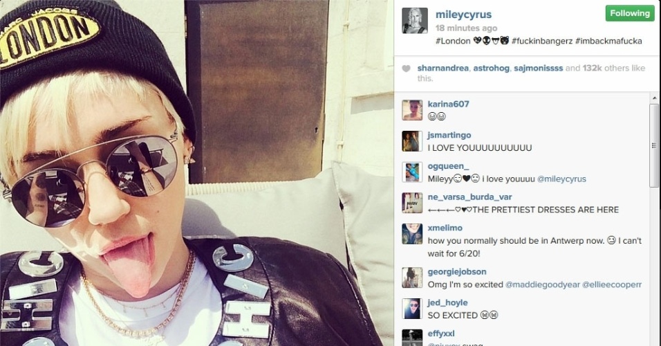 4.mai.2014 - Após reação alérgica grave, Miley Cyrus mostra foto no Instagram e diz que está de volta