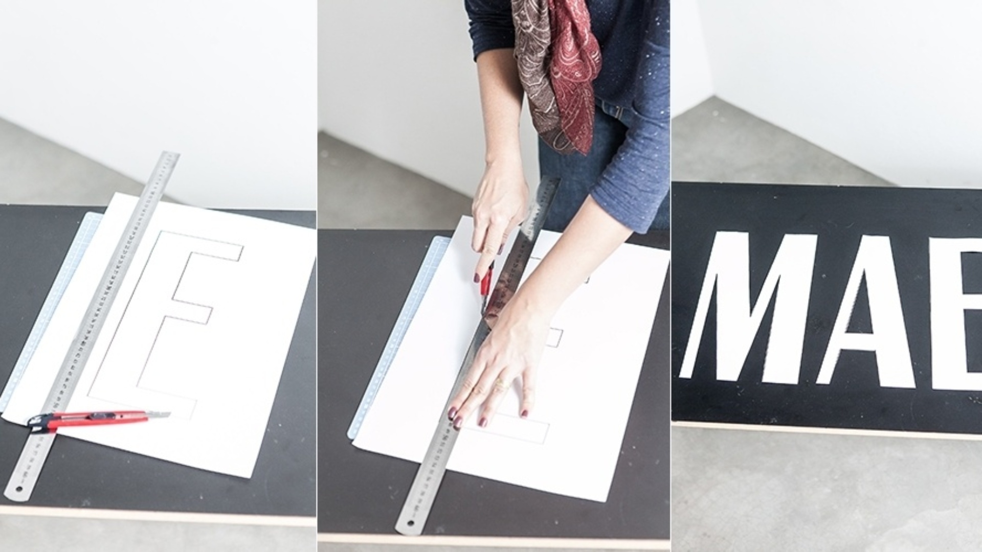 Com a palavra impressa no papel sulfite A3, recorte cada letra com a ajuda da régua e do estilete sobre a base de corte - Rodrigo Capote/UOL