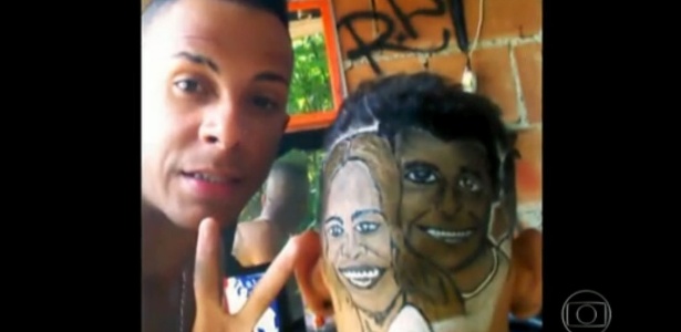 Homem desenha imagem de Luciano Huck e Angélica na cabeça de amigo, em Barra do Piraí (RJ)