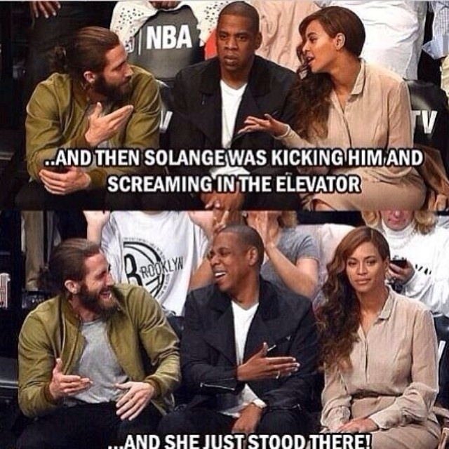 12.mai.2014 - A agressão física de Solange Knowles em Jay-Z no elevador se popularizou na web e ganhou versões em memes. Nesta, o internauta imaginou um diálogo entre o casal após a briga. "...e aí a Solange deu um chute e gritou com ele no elevador", conta Beyoncé. "...E ela ficou lá parada", ironiza Jay-Z