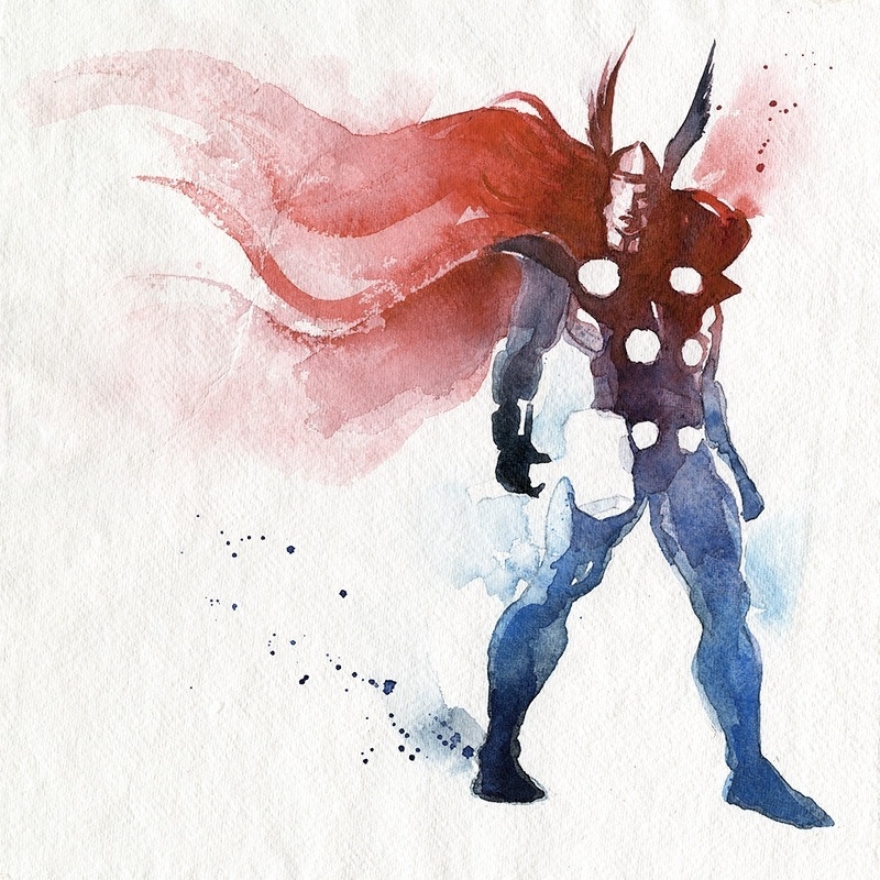 A ilustradora francesa Clémentine Campardou criou uma série de belas ilustrações de super-heróis em aquarela, vendidas no site boutique.blule.fr. Na Imagem, o deus Thor - Divulgação
