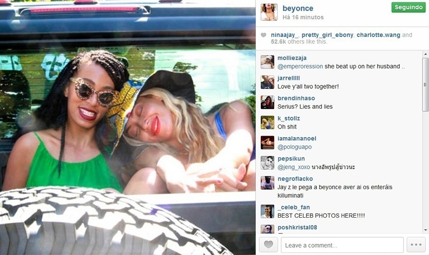 14.mai.2014 - Beyoncé divulga em seu Instagram foto em que aparece em clima descontraído ao lado da irmã, Solange Knowles. Na última terça-feira (13), fãs acusaram Solange de ter apagado quase todas as fotos da irmã de seu Instagram