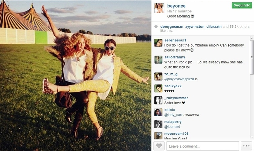14.mai.2014 - Beyoncé posta imagem em que se diverte ao lado da irmã, Solange Knowles. A publicação vem depois de rumores de problemas entre as duas irmãs, por conta da agressão de Solange a Jay-Z, marido de Beyoncé