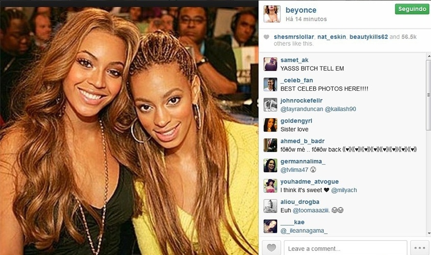 14.mai.2014 - Beyoncé publica foto ao lado de Solange Knowles, dois dias após divulgação de um vídeo em que a irmã aparece agredindo Jay-Z, marido da cantora
