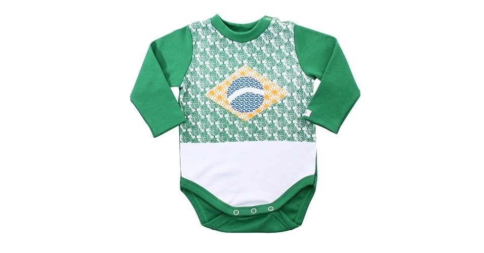 Body  com a estampa da bandeira do Brasil, da Duds bb (www.dudsbb.com.br). Disponível nos tamanhos do P ao GG. R$57. Preço pesquisado em maio de 2014. Sujeito a alterações - Divulgação