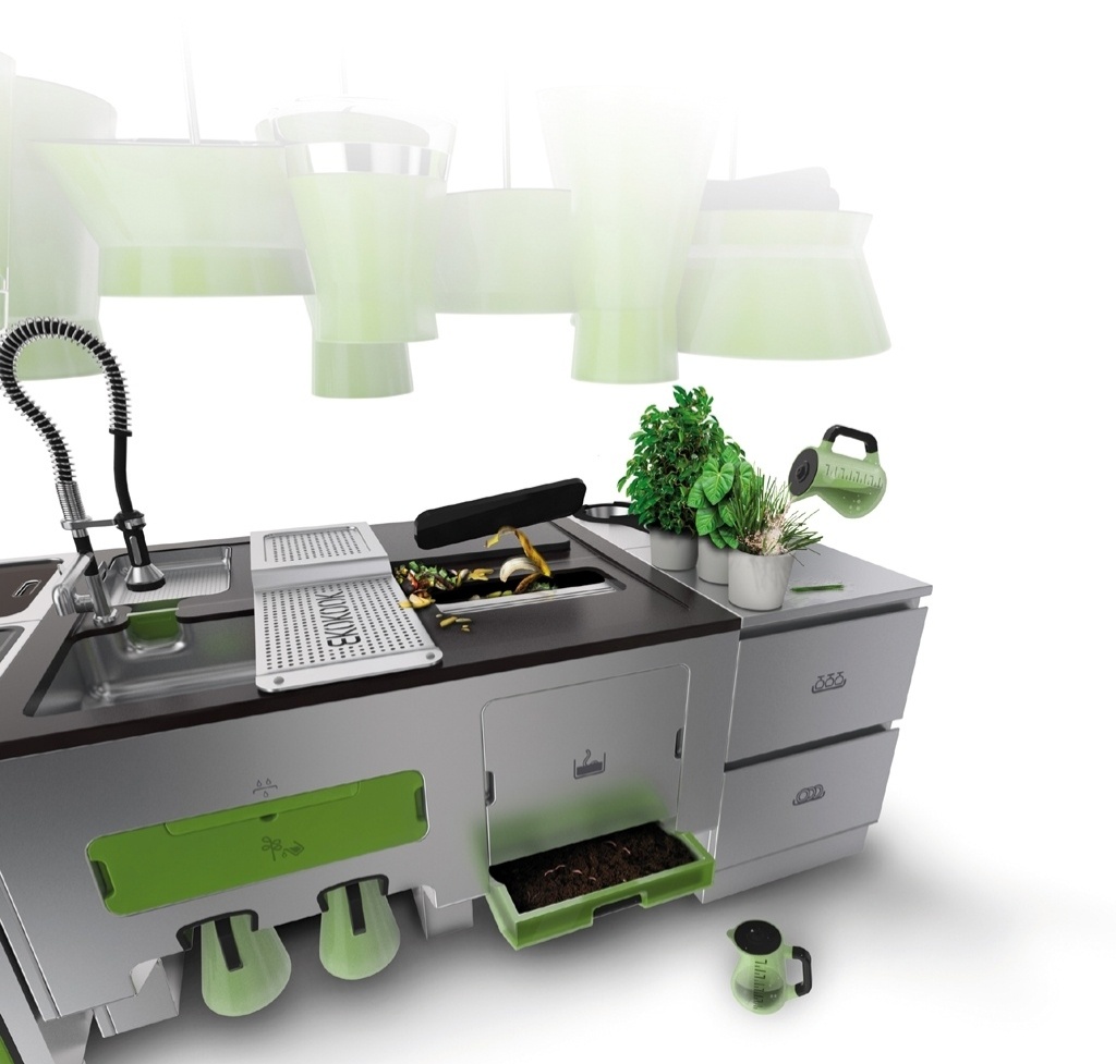 Ao desenvolver a Ekokook, os designers do estúdio francês Faltazi (www.faltazi.com) estudaram estratégias para tornar a cozinha mais ecoeficiente. Por trás de portas e gavetas escondem-se mini "usinas" de reciclagem de água e de resíduos - Estúdio Faltazi/ Divulgação