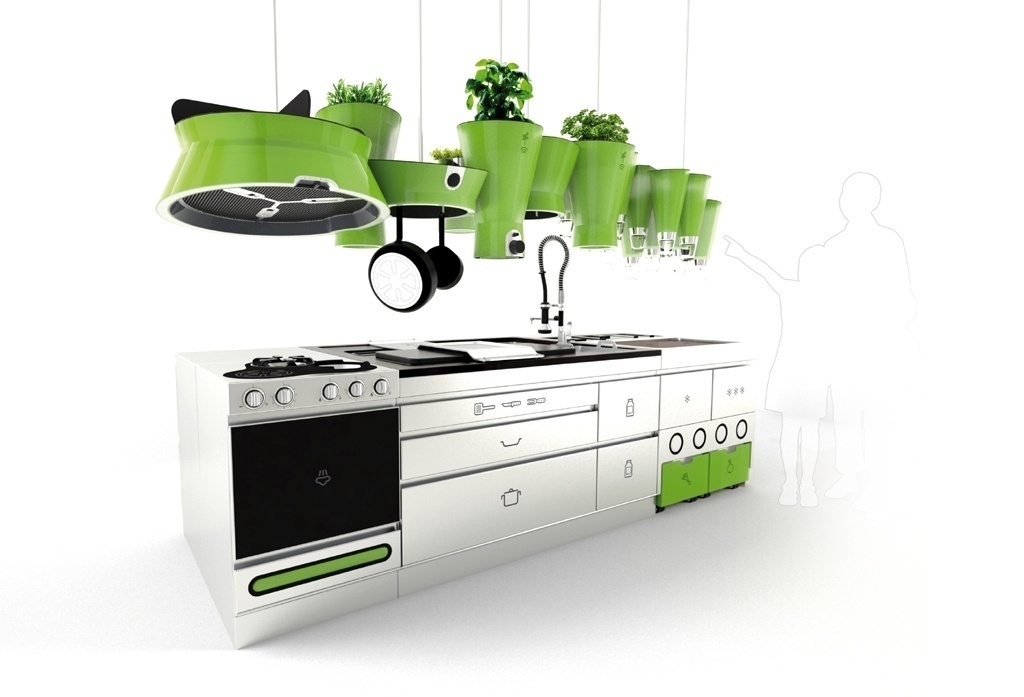 Na parte superior da estação de trabalho estão a coifa, um local para pendurar panelas, porta-mantimentos (como cereais) e recipientes para o cultivo de pequenas ervas aromáticas. O design desenvolvido pelo estúdio Faltazi (www.faltazi.com) privilegia as formas orgânicas e acabamentos fáceis de limpar - Estúdio Faltazi/ Divulgação