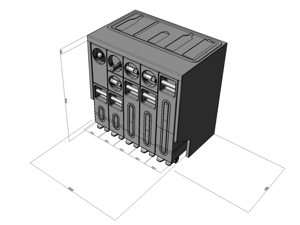No detalhe, a mini usina para reciclagem de resíduos sólidos (papel, metal, vidro, plástico e outros). O dimensionamento de cada compartimento pode ser feito de acordo com a demanda da família. A Ekokook é uma cozinha ecológica desenvolvida pelo escritório de design francês Faltazi (www.faltazi.com). O sistema modular ainda não está à venda - Estúdio Faltazi/ Divulgação