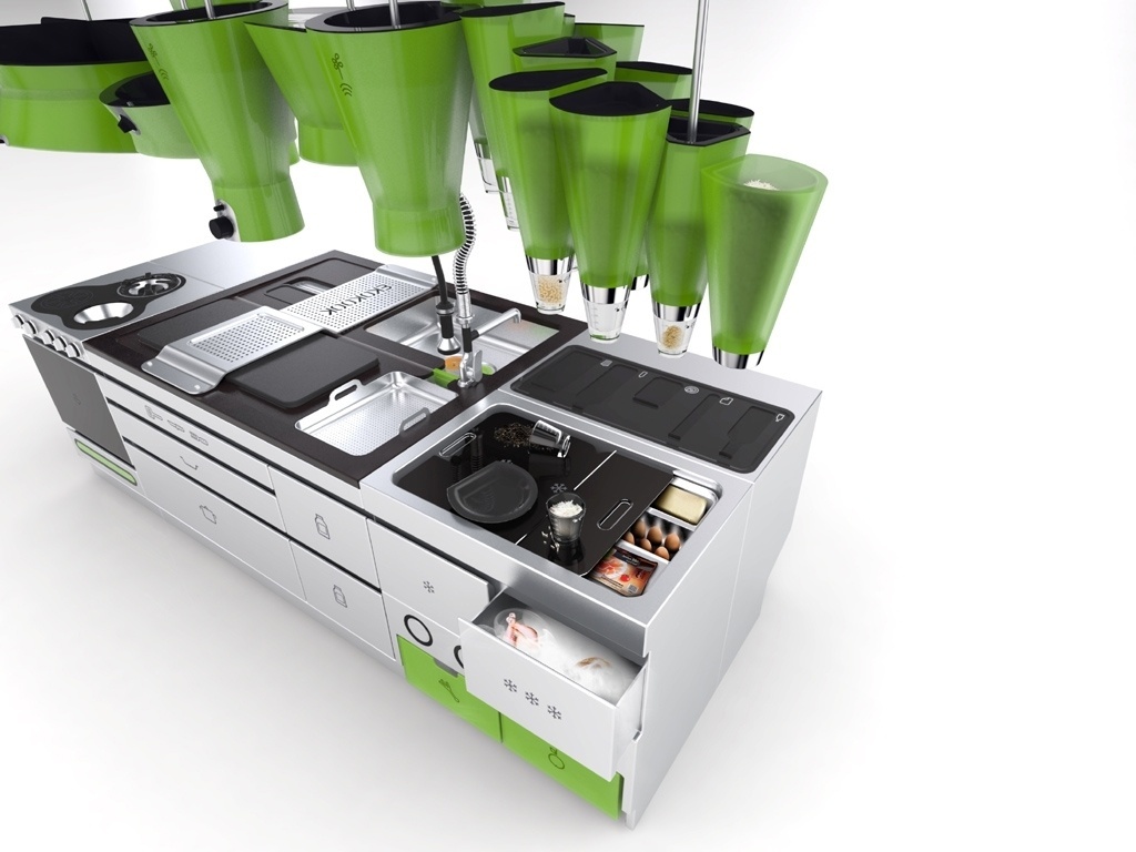 Ao criar a Ekokook, os designers do escritório francês Faltazi (www.faltazi.com) pensaram em unir a praticidade à redução do desperdício de energia. Isso levou ao desenvolvimento da geladeira compartimentada (à dir.), localizada próxima à área de trabalho do cozinheiro. Segundo os projetistas, o modelo é mais eficiente que o tradicional, com uma única porta, pois reduz a perda de calor - Estúdio Faltazi/ Divulgação