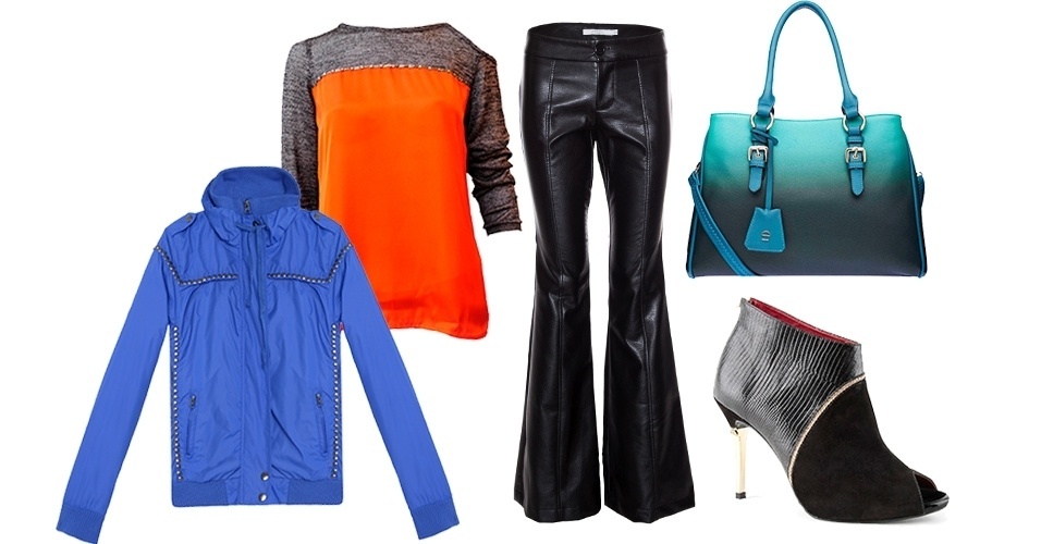 Calça de couro, jaqueta e ankle boot é um trio que vai do trabalho informal à balada. Para sair à noite, a bolsa média pode ser trocada por uma clutch - Arte/UOL