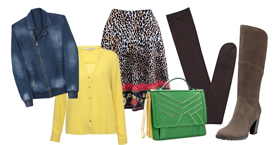 Não é preciso abrir mão das saias quando a temperatura baixar, basta ter meias-calças grossas em mãos. Para completar o look aquecido, vale investir em botas de cano alto. - Arte/UOL