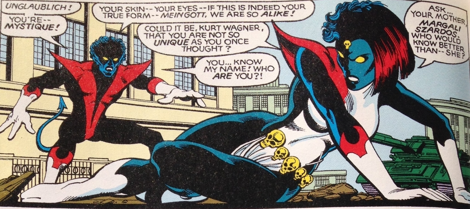 Em quadrinho "Dias de um Futuro Esquecido, Noturno questiona Mística sobre sua semelhança física - Reprodução