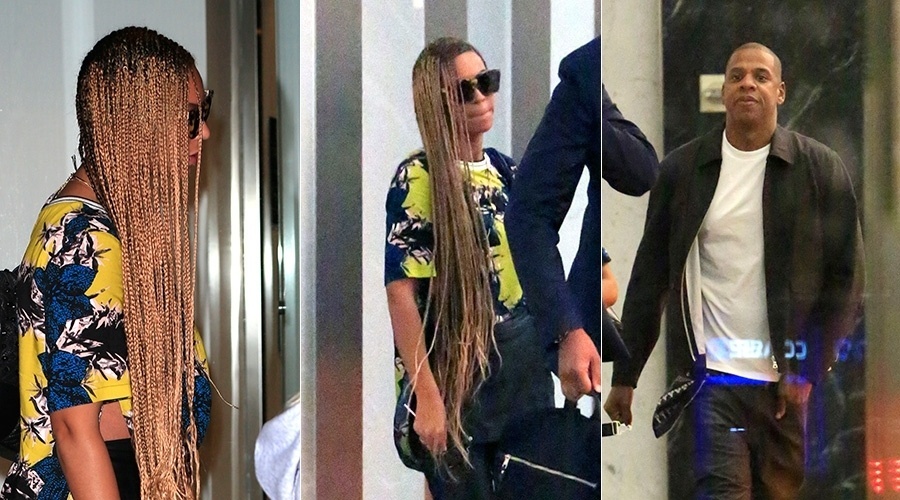 21.mai.2014 - Beyoncé circulou por Nova York acompanhada do marido, Jay-Z. A cantora exibiu seu novo penteado, cabelos com trancinhas