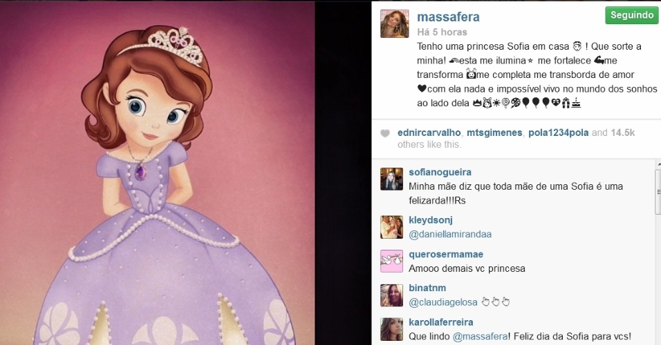 23.mai.2014- Grazi Massafera parabeniza a filha, que completa dois anos nesta sexta-feira, com uma imagem da Princesa Sofia, desenho animado que vai ao ar no canal infantil Disney Jr.