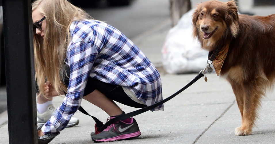 22.mai.2014 - Amanda Seyfried foi flagrada passeando com seu cachorro pelo bairro de East Village nessa quinta-feira, a atriz deu o bom exemplo ao se abaixar e recolher o "presentinho" que Finn deixou na calçada